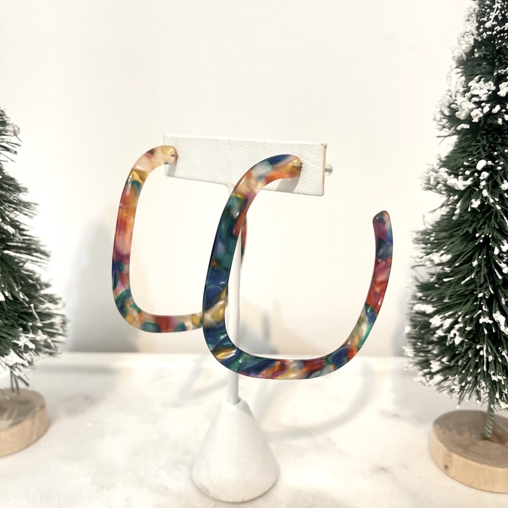 NEW\ Anthropologie, Colorful Canvas Art Resin Square Open Hoops
